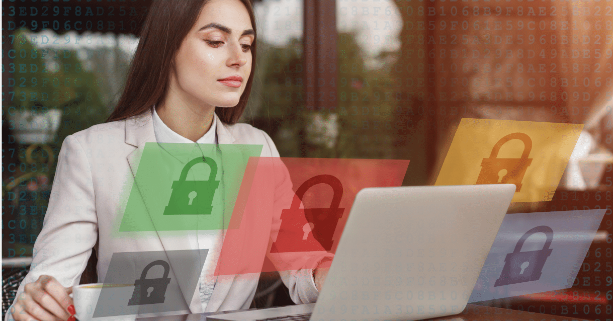 Woman on computer with cybersecurity symbols in the background